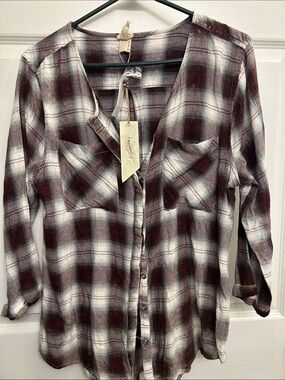 Buckle Plaid Button-Front Shirt - Burgundy and Ivory